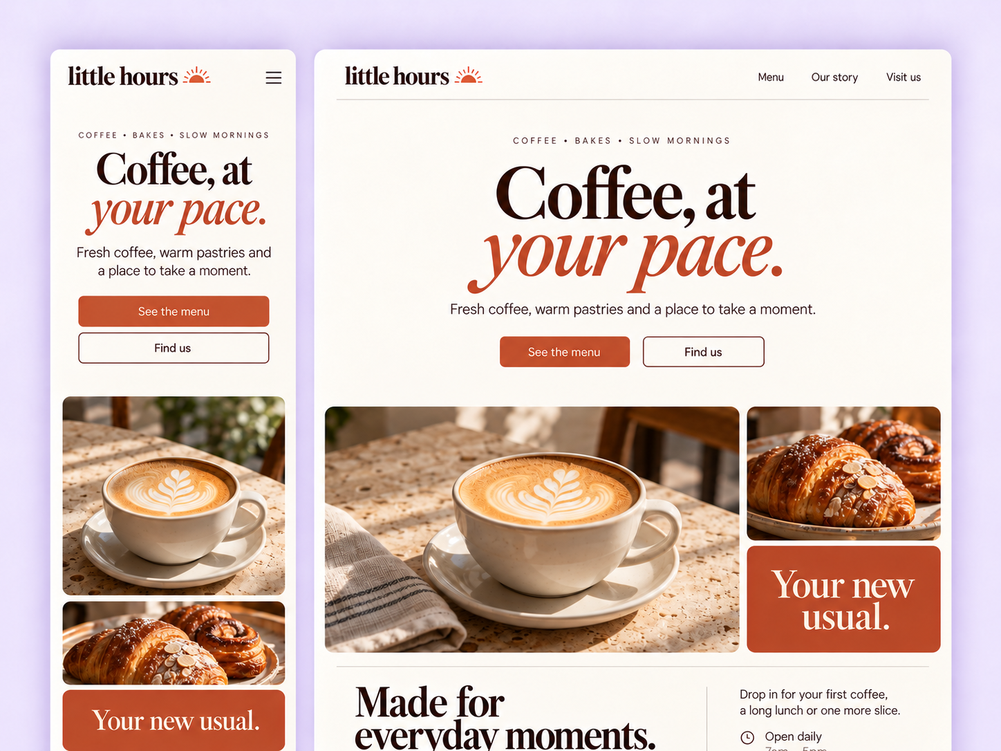 A cafe website shown on desktop and mobile